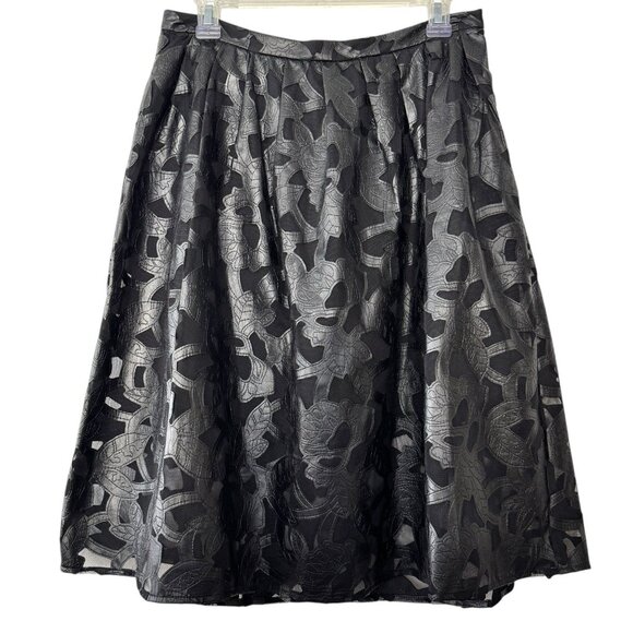 Michael Kors Black Faux‎ Leather A-Line Midi Skirt Mesh Sheer Floral Cutout 10 - Picture 2 of 10